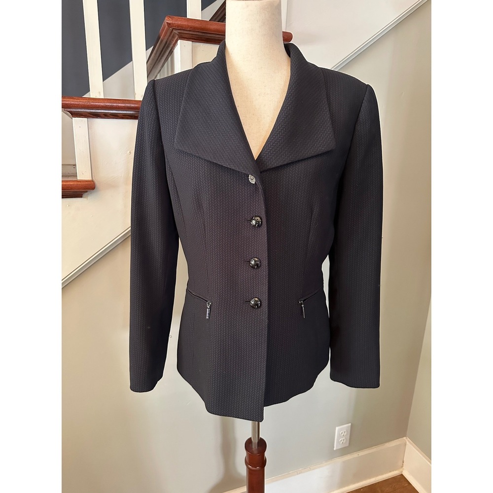 Vintage Tahari Levine Blazer 8 Black Herringbone Wide Collar Zip Pocket Jacket - Picture 2 of 15